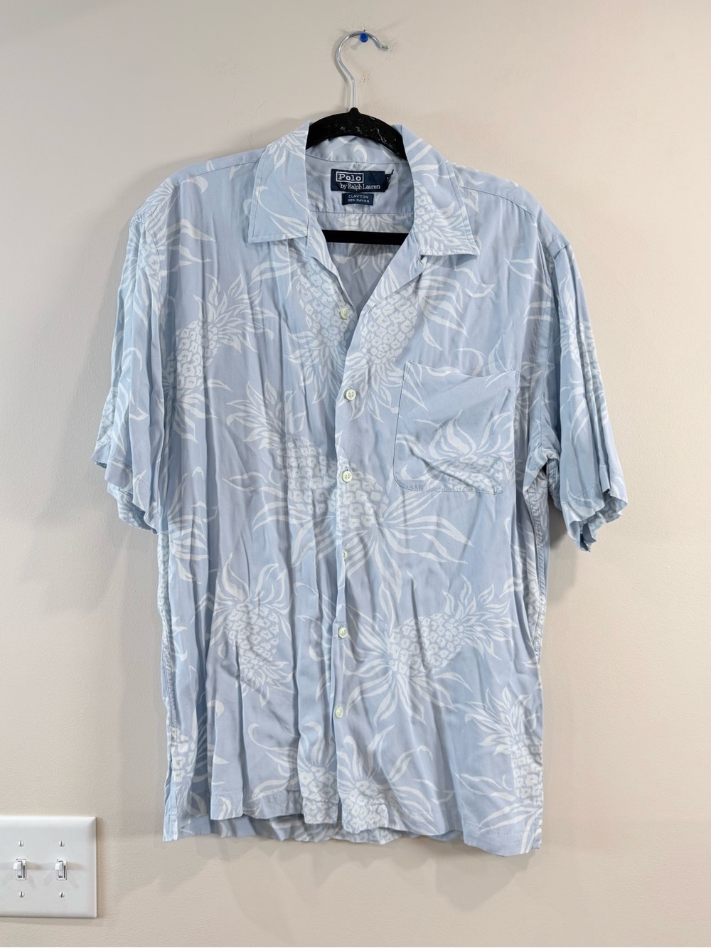 🔥Polo by Ralph Lauren Pale Blue Pineapple-Print Camp Shirt Size S EUC🔥